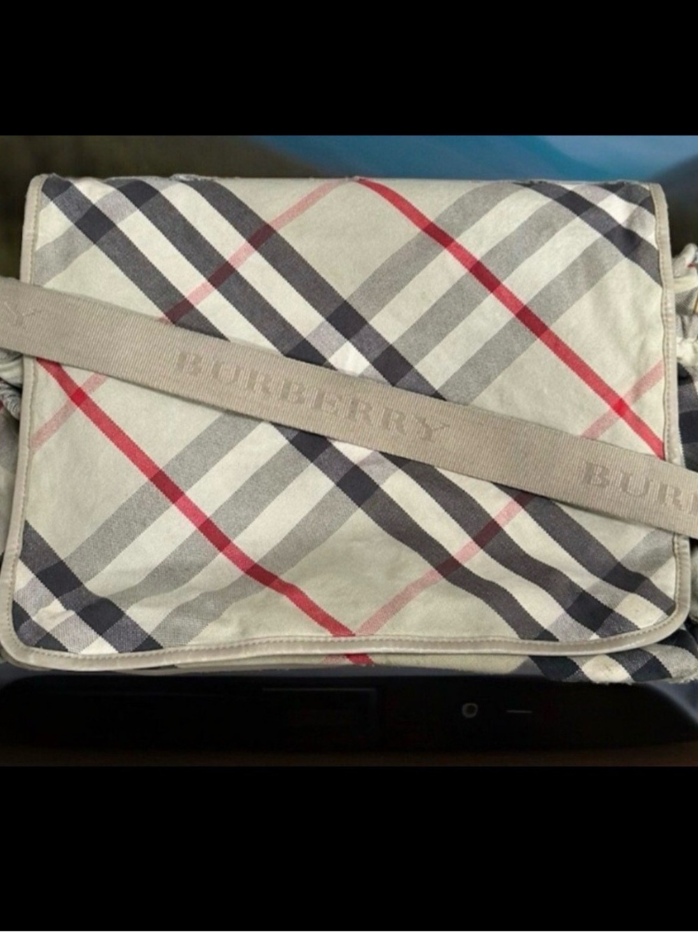 Burberry Beige Nova Check Messenger Bag with Red and Black Accents diaper bag